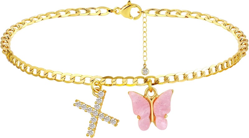 VIROMY 14K Gold Plated Dainty Butterfly Initial Ankle Bracelets Handmade Cuban Chain White Butterfly A-Z Alphabet Letter Initial Anklets Personalized Summer Beach Jewelry Gifts for Women - Image 1